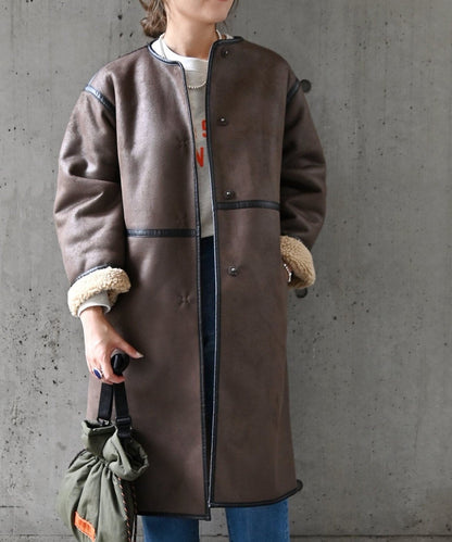 SHIPS any: フェイクムートン ノーカラー ロングコート