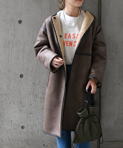 SHIPS any: フェイクムートン ノーカラー ロングコート