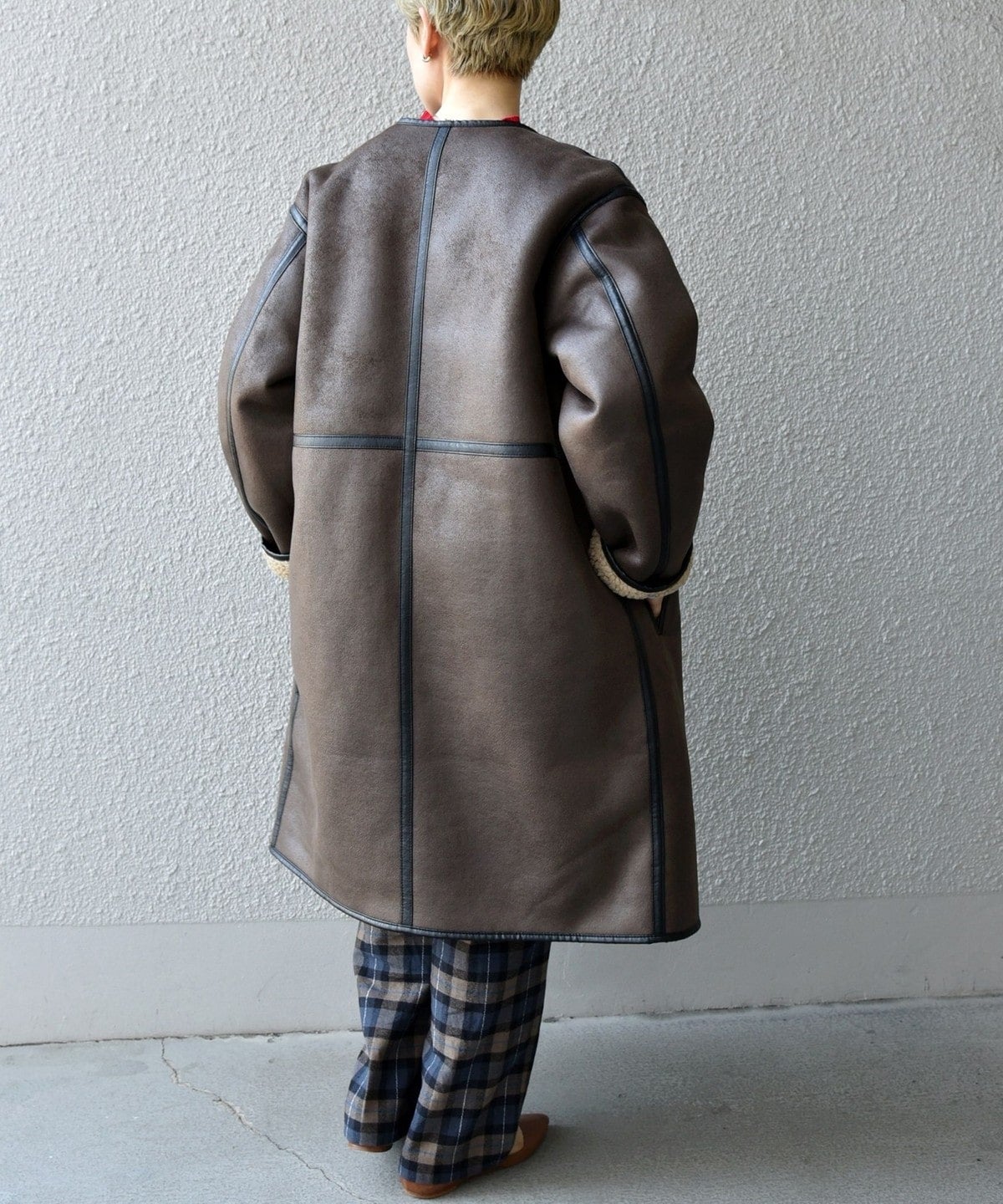 SHIPS any: フェイクムートン ノーカラー ロングコート