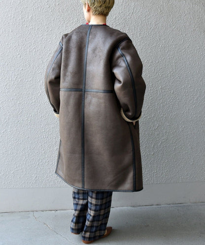 SHIPS any: フェイクムートン ノーカラー ロングコート