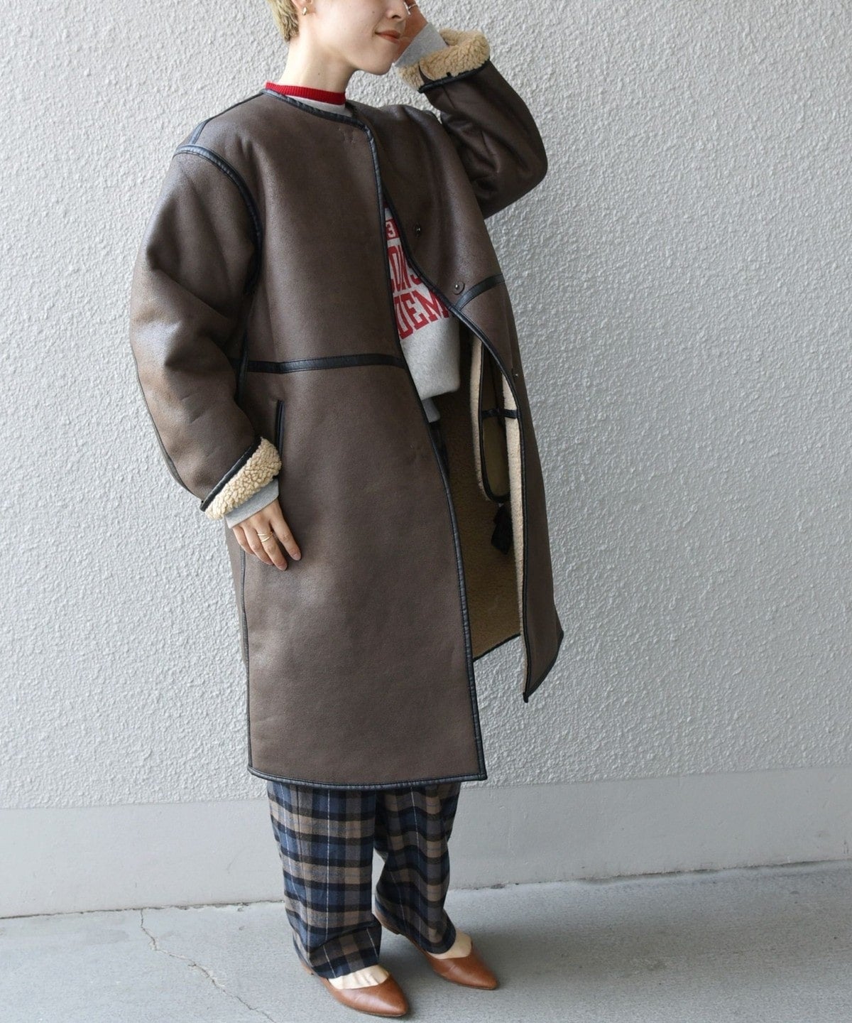 SHIPS any: フェイクムートン ノーカラー ロングコート