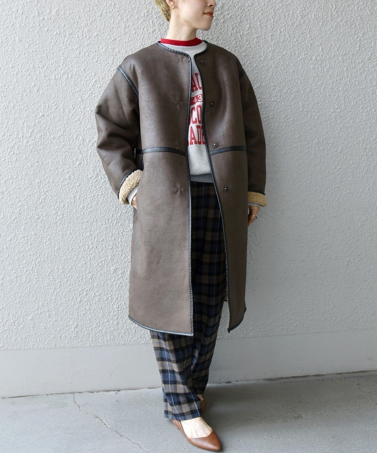 SHIPS any: フェイクムートン ノーカラー ロングコート