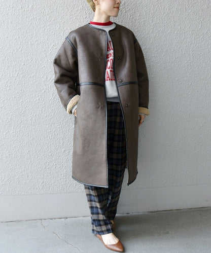 SHIPS any: フェイクムートン ノーカラー ロングコート