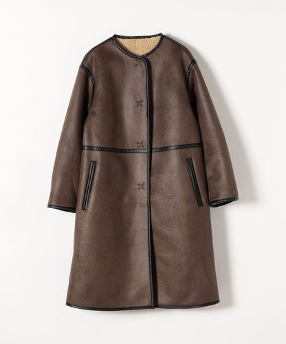 SHIPS any: フェイクムートン ノーカラー ロングコート