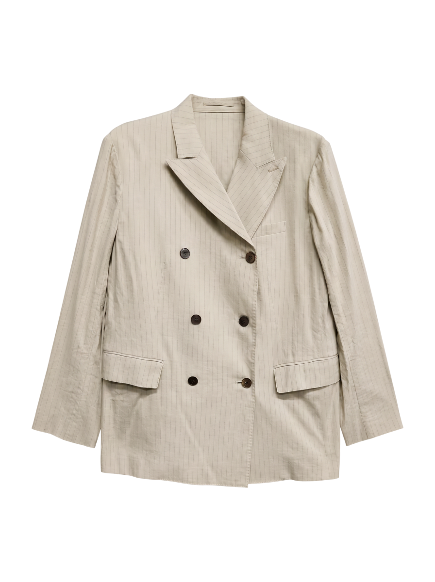 SHIPS Primary Navy Label:麻混 ストライプ ストレッチ ダブル ジャケット
