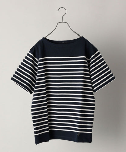 【WEB限定】SHIPS: ワンポイント ロゴ ジャージー ボーダー ボートネック Tシャツ