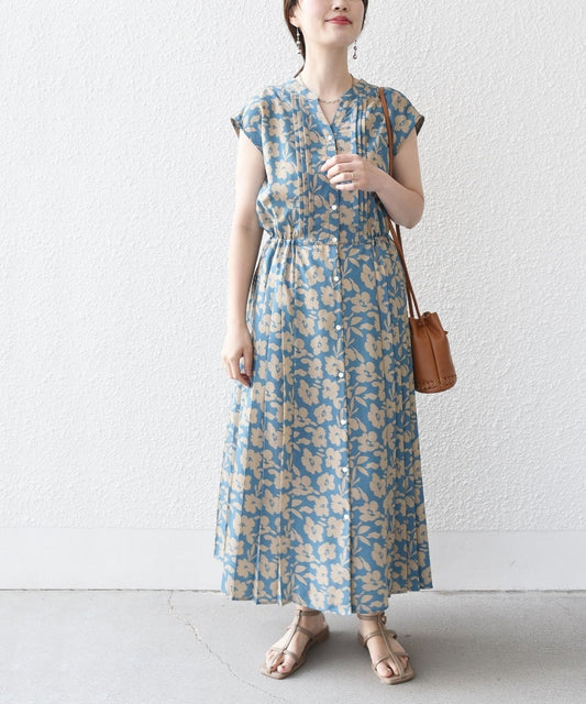 【WEB限定】〈洗濯機可能〉ドット 花柄 サイド プリーツ フレンチスリーブ ワンピース