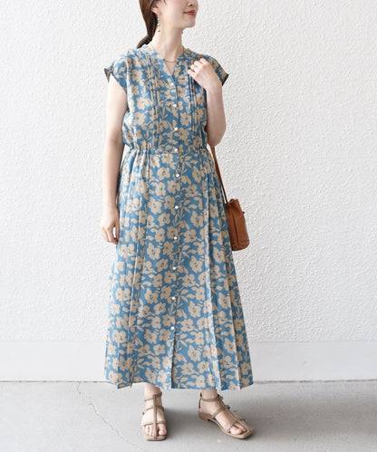 【WEB限定】〈洗濯機可能〉ドット 花柄 サイド プリーツ フレンチスリーブ ワンピース