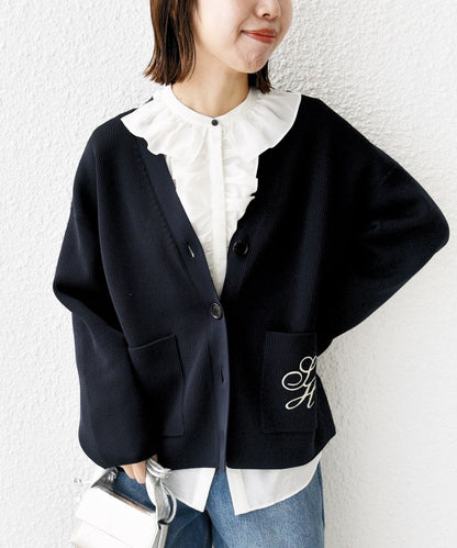 〈手洗い可能〉ワンポイント 刺繍 Vネック カーディガン