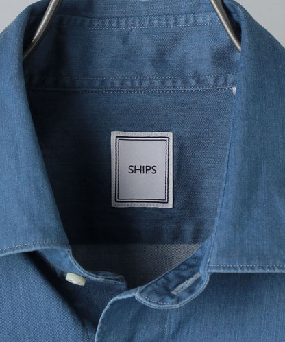 SHIPS:JAPAN FABRIC ウォッシュド ストレッチ インディゴ ワイド カラー