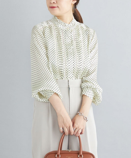 〈手洗い可能〉ドット／ソリッドフリルピンタックレースブラウス